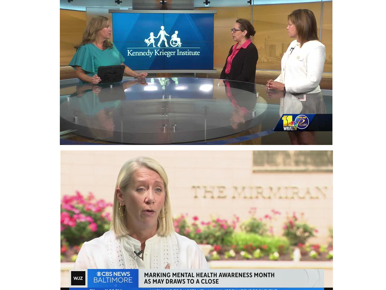 Top: Dr. Carmen López-Arvizu and Kim Greeley sit on set for an interview on WBAL TV. Bottom: WIN Co-President Cynthia Cavanaugh is interviewed on WJZ.