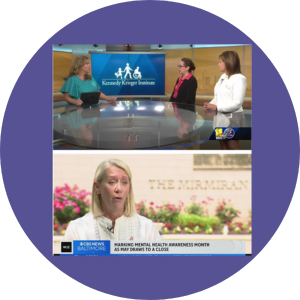 Top: Dr. Carmen López-Arvizu and Kim Greeley sit on set for an interview on WBAL TV. Bottom: WIN Co-President Cynthia Cavanaugh is interviewed on WJZ.