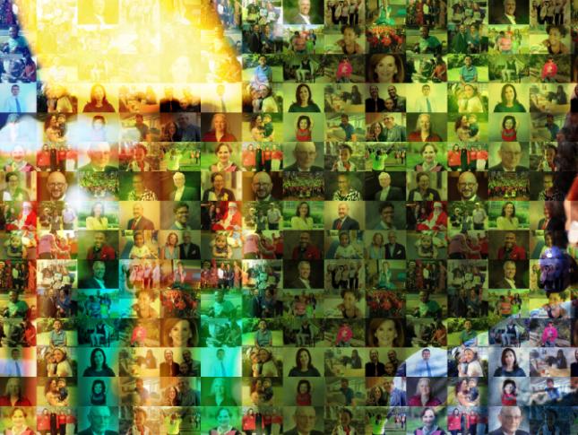 2023 Gratitude Report cover, featuring headshots of donors and Kennedy Krieger staff members that combine to make for a green backdrop. To the right is a photo of a Kennedy Krieger patient.