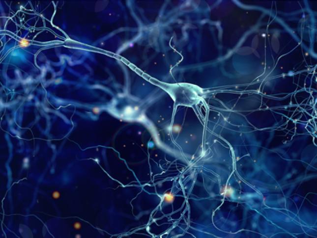 Conceptual illustration of neuron cells with glowing link knots.