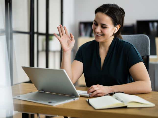 A woman participates in a virtual job interview