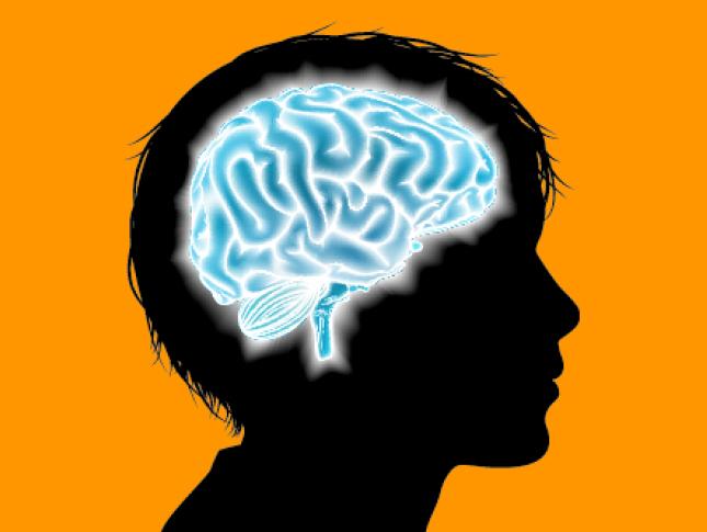 A black illustrated silhouette of a child with their brain highlighted in blue and white lines. The silhouette appears against an orange backdrop