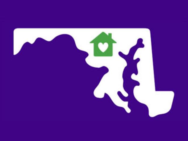 Outline of Maryland, featuring a green house with a white heart in the central part of the state.