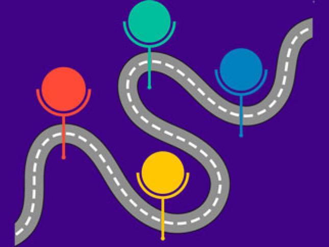 Stylized roadmap graphic showing a winding road with four colored milestone markers, representing a process, journey, or project with multiple stages.