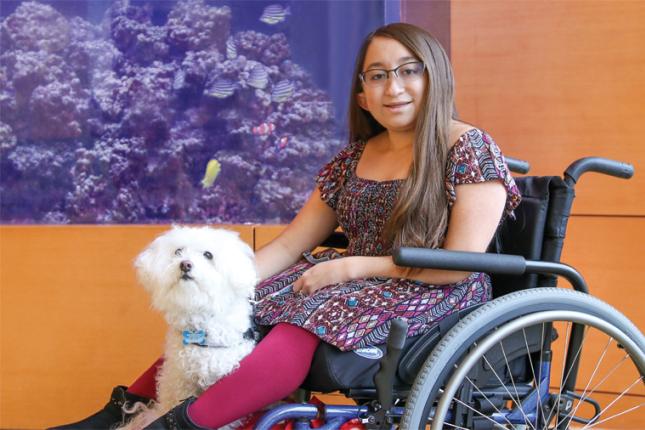 Frosty, Shannon's service dog, keeps Shannon safe when she's walking in public. Frosty makes sure no one bumps into Shannon, which could harm Shannon's bones. For longer distances, Shannon uses a wheelchair, with Frosty curled up in her lap or at her feet. In this picture, Shannon is sitting in her wheelchair, with Frosty sitting by her feet.