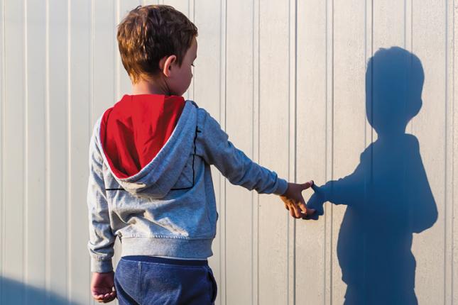 A photo of a child with his back to the camera, touching his shadow reflection