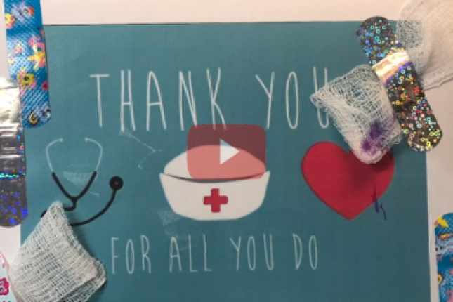 Blue card that reads Thank you for all you do, with assorted art of nursing equipment.