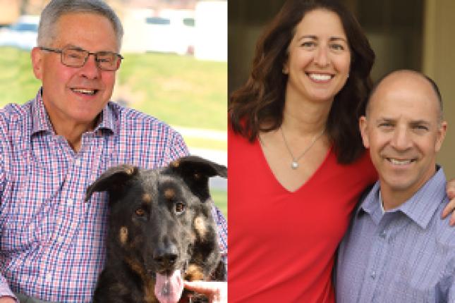 A collage of two photos. On the left: Gary Zipper and his dog. Right: Jill and Michael Snyder