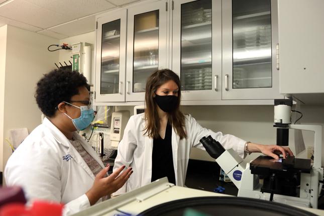 Two Kennedy Krieger researchers working in a lab. 