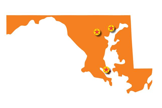 A map of Maryland with three stars: one in the southern part of the state, and two in the central part of the state, one near Baltimore and the other a little to the left of the Baltimore-area star.