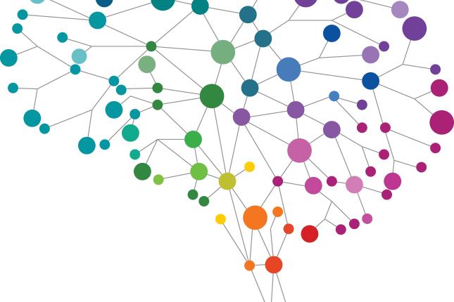 An outline of a brain using with lines connecting circles of various sizes. The multi-colored image includes blue, orange, pink, purple, green, red and teal dots and lines.