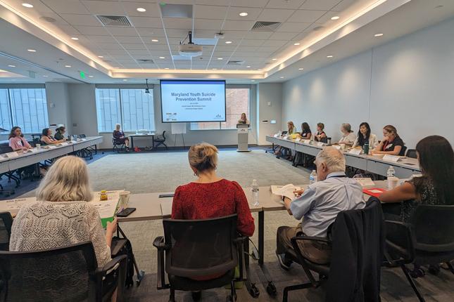 A woman speaks in front of a projection screen, which displays a slide that says Maryland Youth Suicide Prevention Summit. She is speaking to a group of attendees inside a conference room.