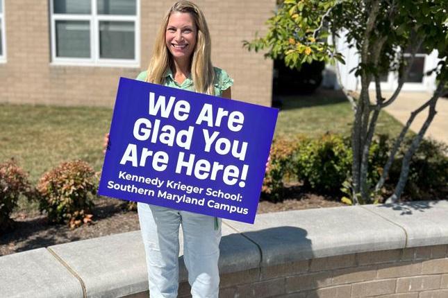 We Are Glad You Are Here! Kennedy Krieger School: Southern Maryland Campus” in white lettering