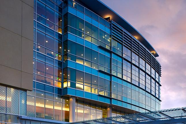 The exterior of Kennedy Krieger's outpatient building at dusk.