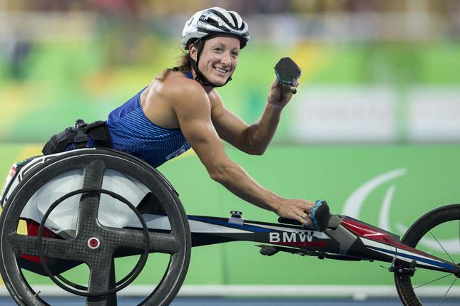 Tatyana McFadden participating in wheelchair racing at the Paralympics. 