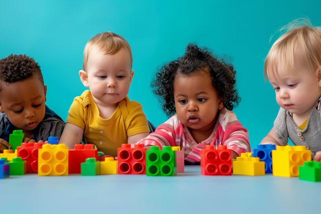 Four toddlers play with colorful blocks sitting on a table.