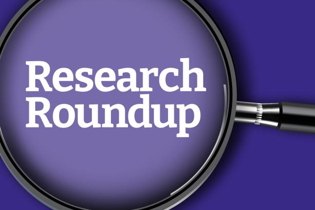The words Research Roundup under a magnifying glass. The words are in white font against a purple backdrop.