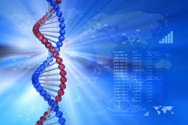 DNA strands superimposed against the map of the world. To the right of the strands are a series of a data.