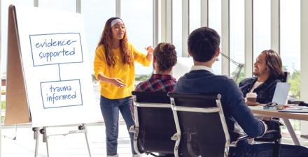 A woman gives a presentation inside a conference room.