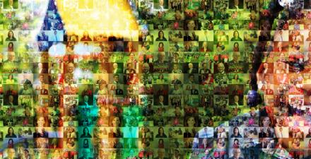 2023 Gratitude Report cover, featuring headshots of donors and Kennedy Krieger staff members that combine to make for a green backdrop. To the right is a photo of a Kennedy Krieger patient.