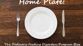 The words "Home Plate: The Pediatric Feeding Disorders Program Blog" appear in white on top of an illustration of a table with a plate, fork, and knife