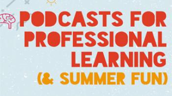 An illustration of a microphone, surrounded by illustrations of brains, books, and the sun, accompany the words "Podcasts for Professional Learning (& Summer Fun)"