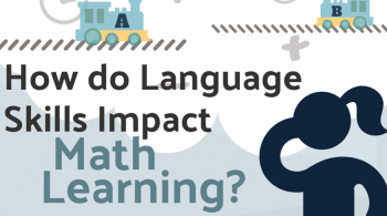 The words "How do Language Skills Impact Math Learning?" appear before a graphic of two trains and a young female student thinking