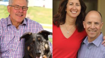 A collage of two photos. On the left: Gary Zipper and his dog. Right: Jill and Michael Snyder