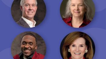 Circular headshots of Kennedy Krieger's new board members against a purple backdrop. Top row:  Joshua C Becker and Dr. Michelle Meliicosta. Bottom row: Van Brooks and Patricia "PJ" Mitchell.