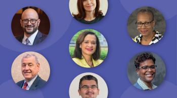 Executive Leadership team headshots: Dr. Harolyn Belcher is in center, surrounded by Dr. Amy Bastian, Dr. Jacqueline Stone, Shellie Williams, Dr. Ali Fatemi, James Anders and Dr. Bradley Schlaggar in clockwise fashion.her. Bottom row: Dr. Ali Fatemi, Dr. Jacqueline Stone, Shellie Williams