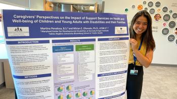 Martina Penalosa smiles as she stands next to her research poster, entitled "Caregivers’ Perspectives on the Impact of Support Services on Health and Well-being of Children and Young Adults with Disabilities and their Families