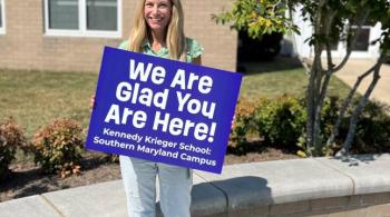 We Are Glad You Are Here! Kennedy Krieger School: Southern Maryland Campus” in white lettering