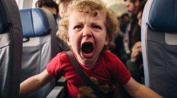 An upset toddler screams on an airplane.