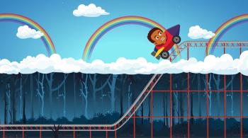The still of an animation showing a boy riding upwards on a roller coaster. Bright skies and rainbows are visible beyond the roller coaster.