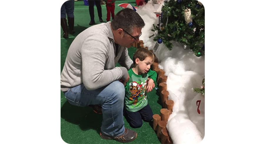 A man and a young boy look at a display at Festival of Trees. 