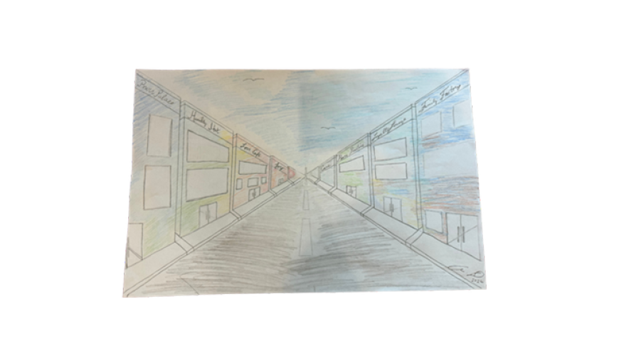 Pencil-and-color drawing of a straight city street in one‑point perspective, lined with multicolored buildings under a lightly clouded sky.