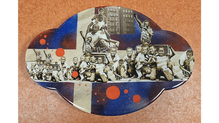 An oval artwork decorated with a vintage-style photo of a large group of children posing playfully, set against a colorful abstract background with blue, beige, and orange shapes and splatters.