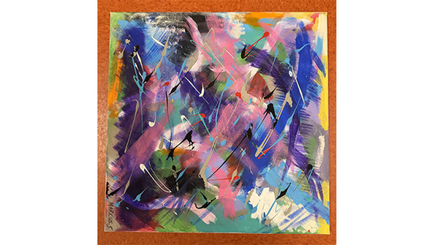 A colorful abstract painting with layered brushstrokes and splashes of purple, blue, pink, green, and black.