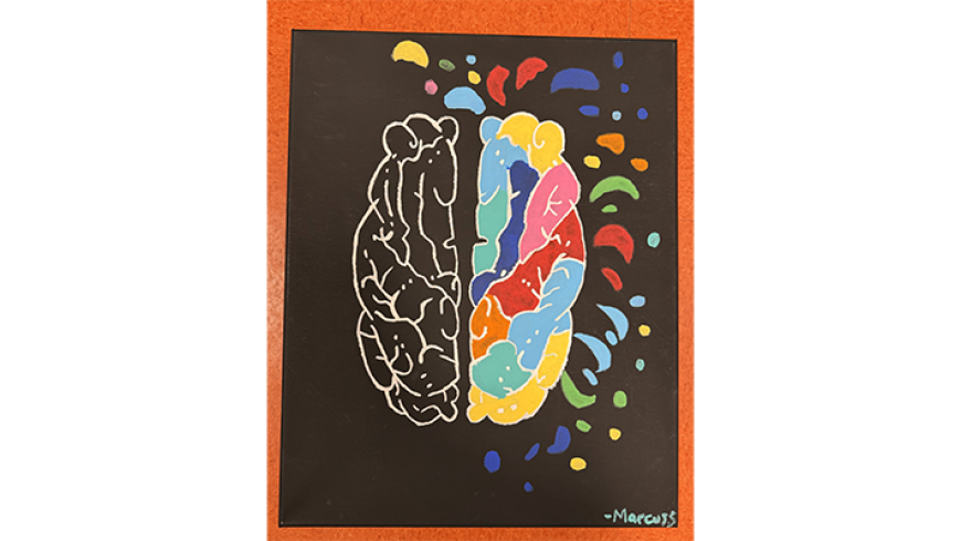 A stylized illustration of a brain, with one half in black and white and the other half in bright, multicolored shapes on a black background.