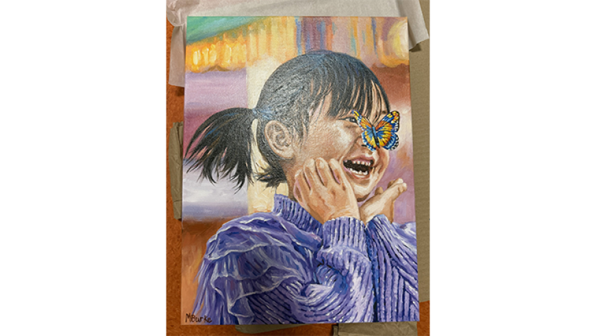 A painting of a person in a purple textured sweater with dark hair pulled back, shown from behind against a colorful, softly blended background.