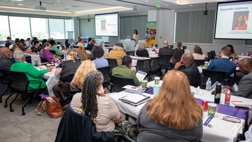 Conference attendees listen to a presentation from Maryland Lt. Governor Aruna Miller.